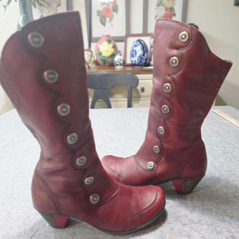 Remonte Burgundy Red Scalloped Button Mid Calf Leather Boots EU 38 US 7.5